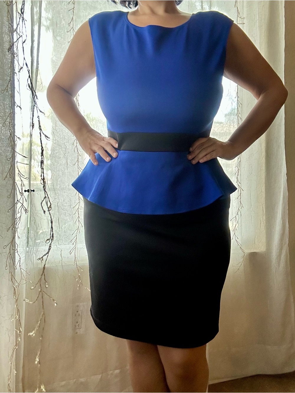 Blue and Black Peplum Sheath Dress